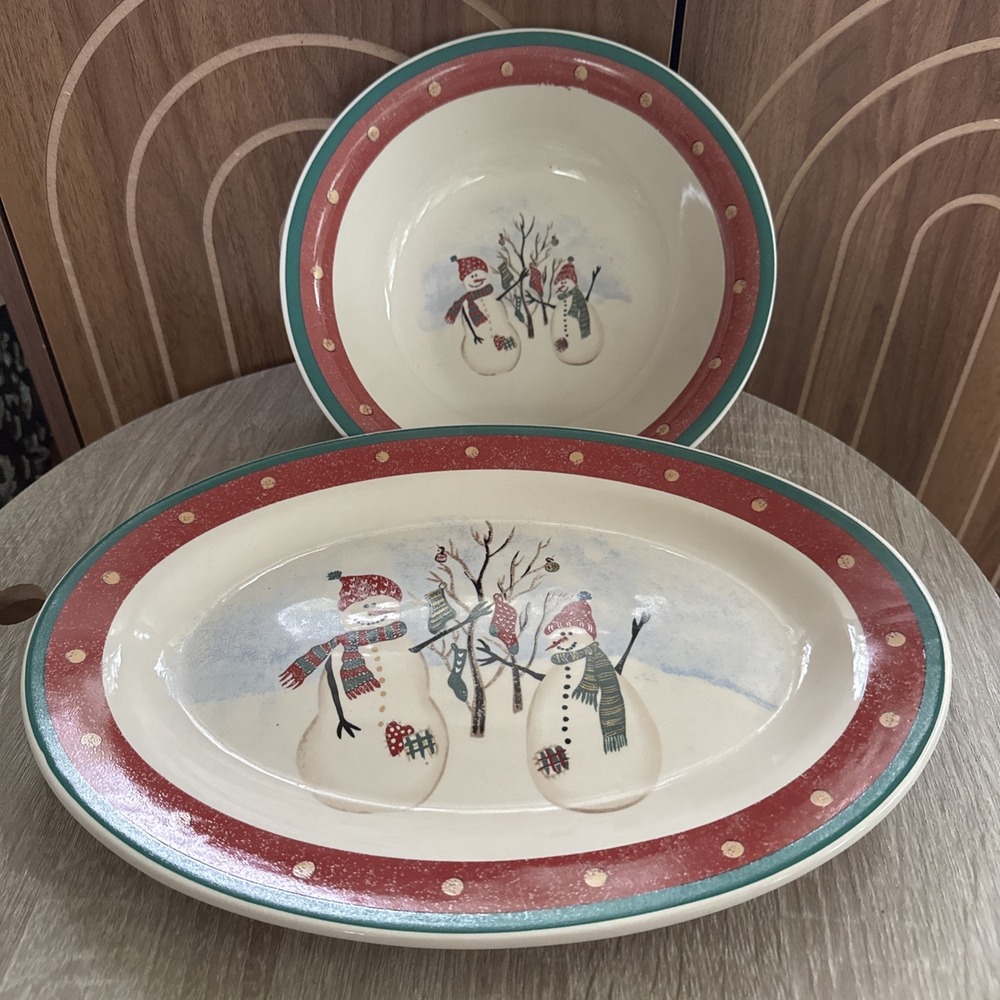Vintage Royal Seasons Stoneware RN2 Snowmen Platter, Vegetable Bowl, Christmas